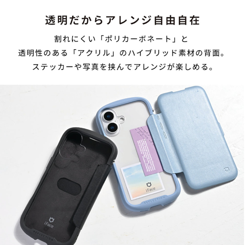 割れにくい「ポリカーボネート」と透明性のある「アクリル」のハイブリッド素材の背面。ステッカーや写真を挟んでアレンジが楽しめる。