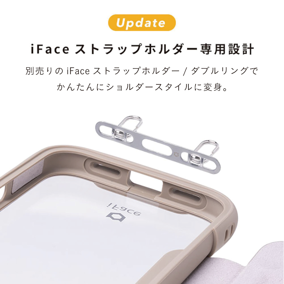 別売りのiFaceストラップホルダー／ダブルリングでかんたんにショルダースタイルに変身。