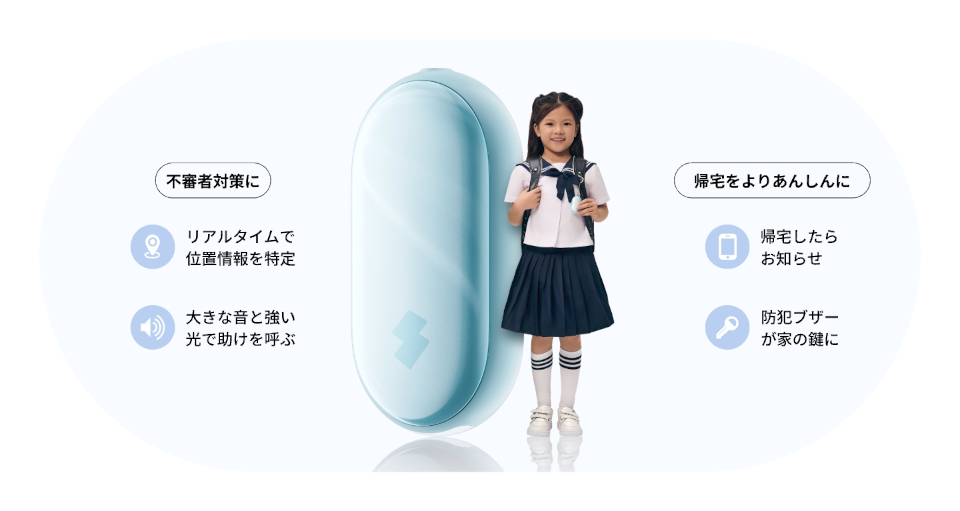 不審者対策に リアルタイムで位置情報を特定 大きな音と強い光で助けを呼ぶ 帰宅をよりあんしんに 帰宅したらお知らせ 防犯ブザーが家の鍵に