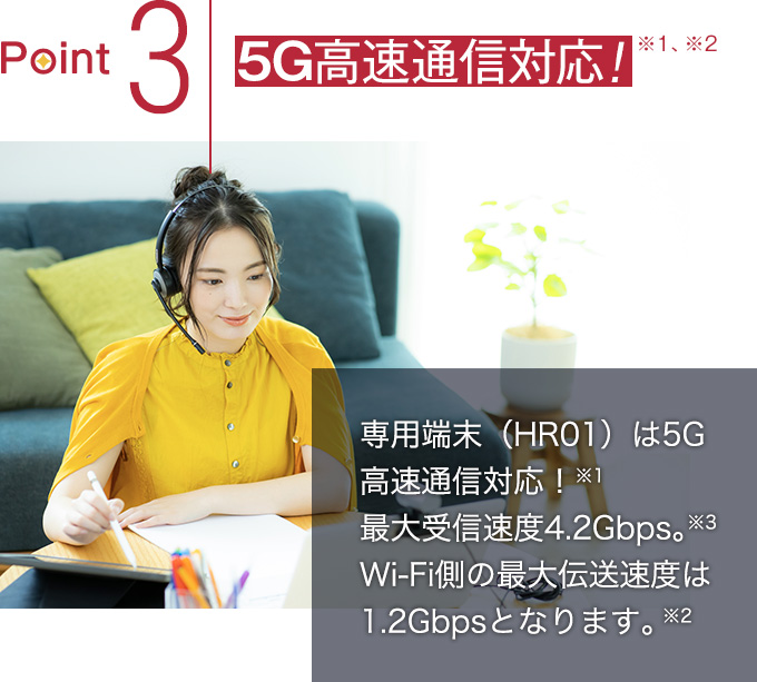 5G高速通信対応！専用端末（HR01）は5G高速通信対応！※1最大受信速度4.2Gbps※2。Wi-Fi側の最大伝送速度は1.2Gbpsとなります。※3
