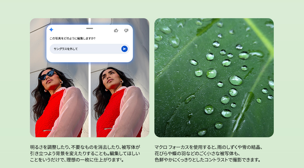 編集したいことをいうだけで理想の 1 枚に。小さな被写体もくっきりと撮影するマクロフォーカス。
