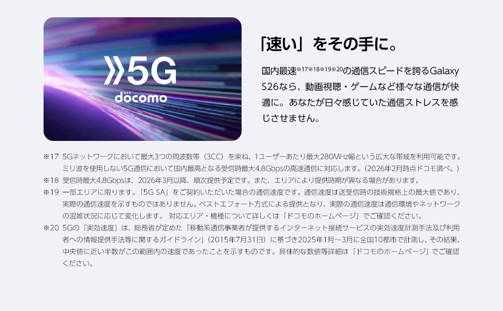 国内最速の通信スピードを誇るGalaxy S26なら、動画視聴・ゲームなど様々な通信が快適に。あなたが日々感じていた通信ストレスを感じない。