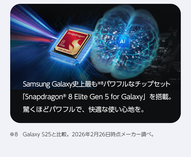Samsung Galaxy史上最もパワフルなチップセット「Snapdragon🄬 8 Elite Gen 5 for Galaxy」を搭載。驚くほどパワフルで、快適な使い心地を。