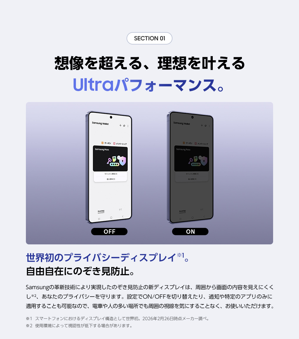 世界初のプライバシーディスプレイ。Samsungの革新技術により実現したのぞき見防止の新ディスプレイで周囲から画面の内容が見えにくくなる。