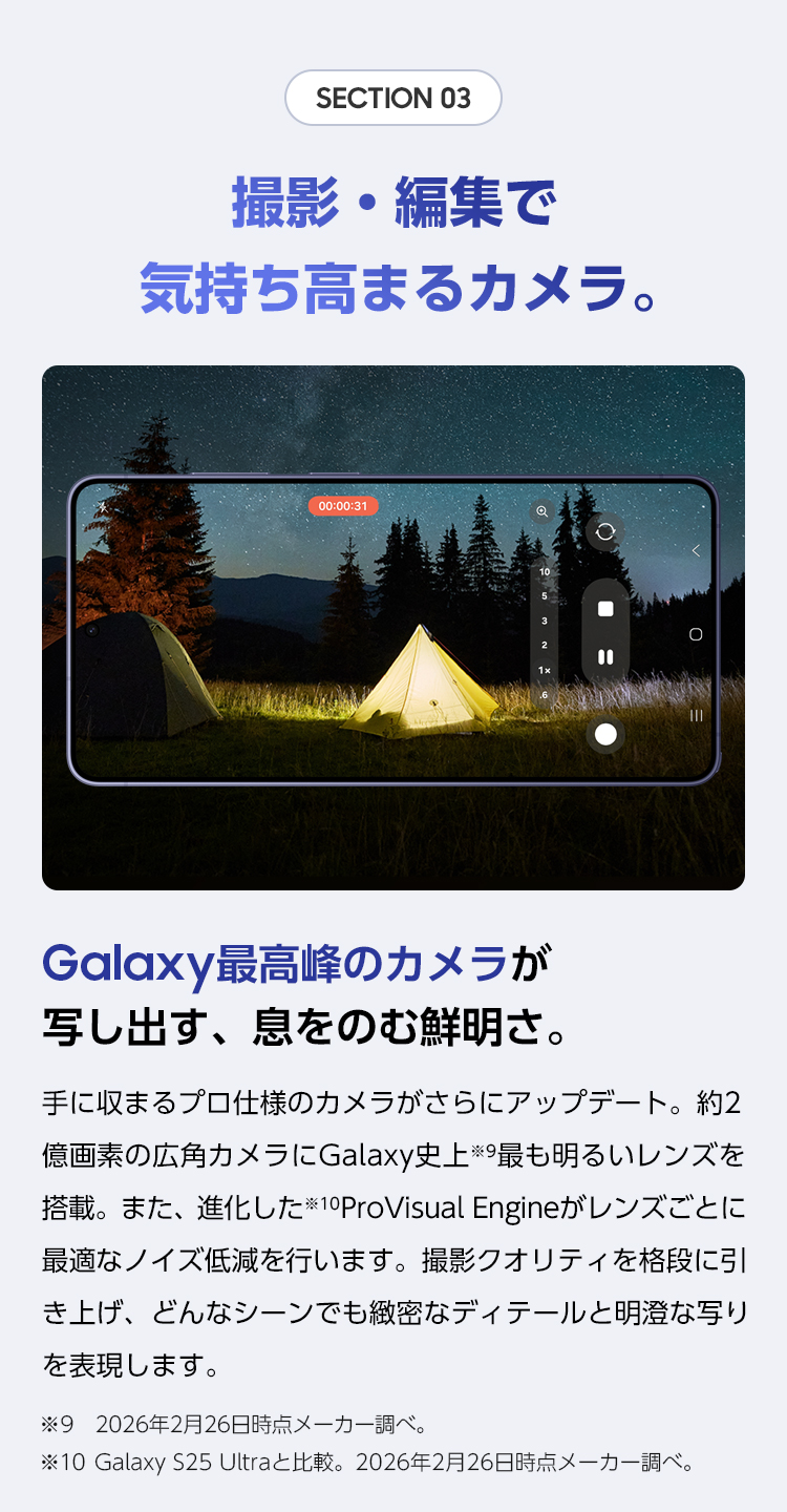 撮影・編集で気持ち高まるカメラ。手に収まるプロ仕様のカメラがさらにアップデート。約2億画素の広角カメラにGalaxy史上最も明るいレンズを搭載。