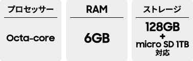 プロセッサー Octa-core RAM 6GB ストレージ 128GB + micro SD 1TB対応