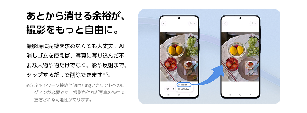 あとから消せる余裕が、撮影をもっと自由に。撮影時に完璧を求めなくても大丈夫。AI消しゴムを使えば、写真に写り込んだ不要な人物や物だけでなく、影や反射まで、タップするだけで削除できます。