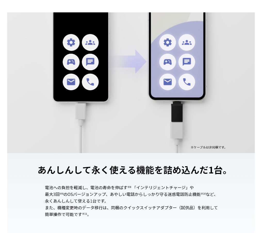 電池への負担を軽減し、電池の寿命を伸ばす「インテリジェントチャージ」や、あやしい電話からしっかり守る迷惑電話防止機能など、永くあんしんして使える。機種変更時のデータ移行も簡単操作。