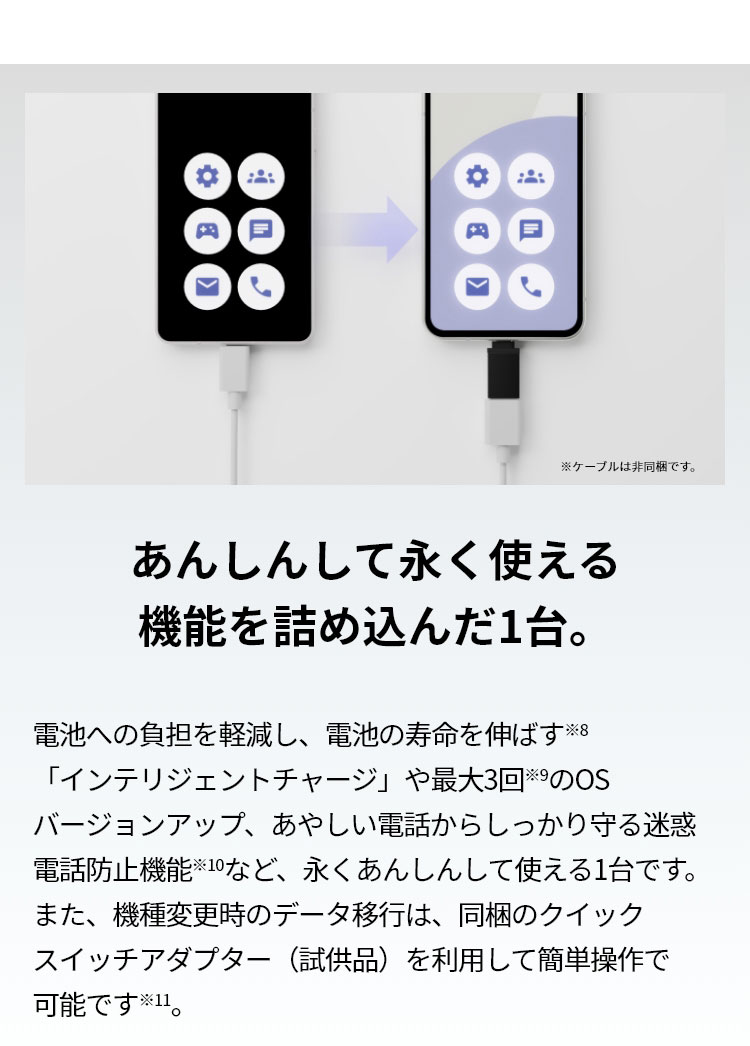 電池への負担を軽減し、電池の寿命を伸ばす「インテリジェントチャージ」や、あやしい電話からしっかり守る迷惑電話防止機能など、永くあんしんして使える。機種変更時のデータ移行も簡単操作。
